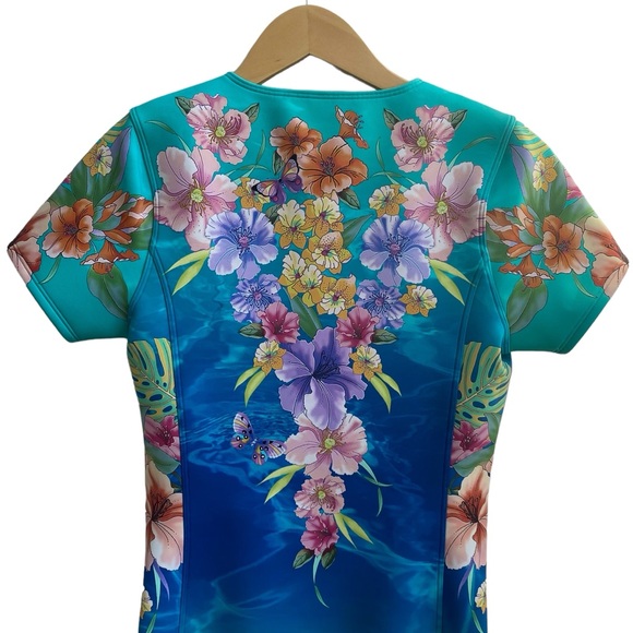 Johnny Was Swimsuit One Piece Zip Neoprene Blue Teal Tie Dye Floral Medium - Picture 8 of 13